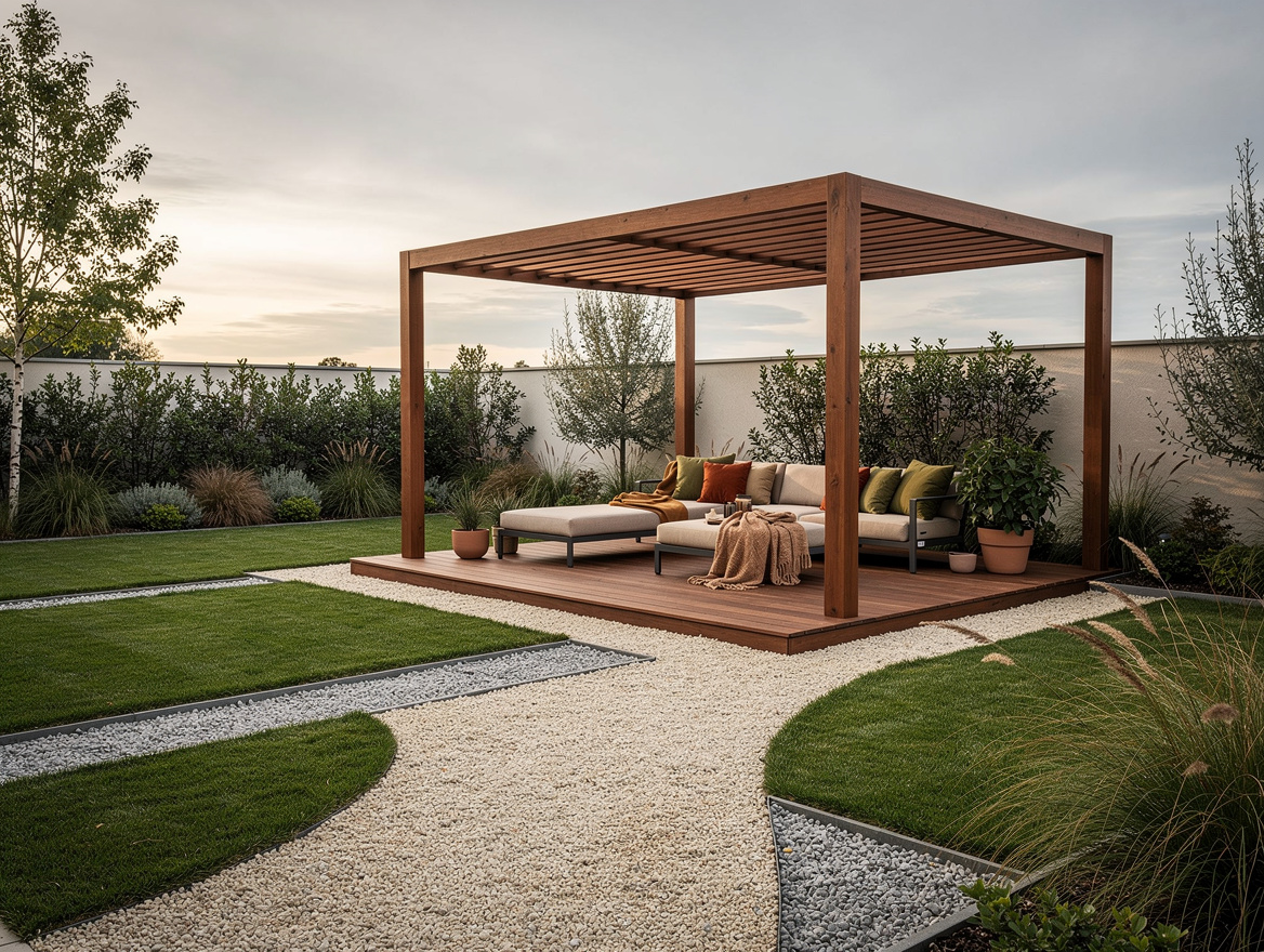 Wide ambiance photo of a modern backyard with broken-up lawn zones, gravel path,