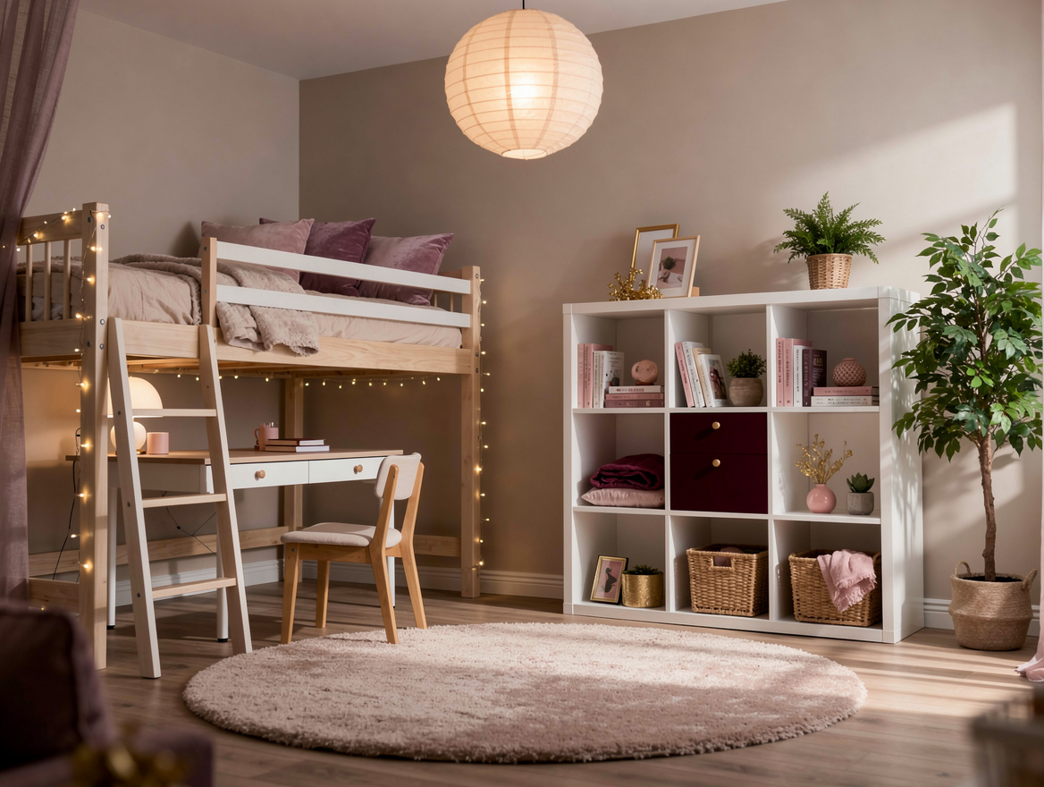 Wide ambiance shot of a cozy teen bedroom with loft bed, cube shelving, rug, pap