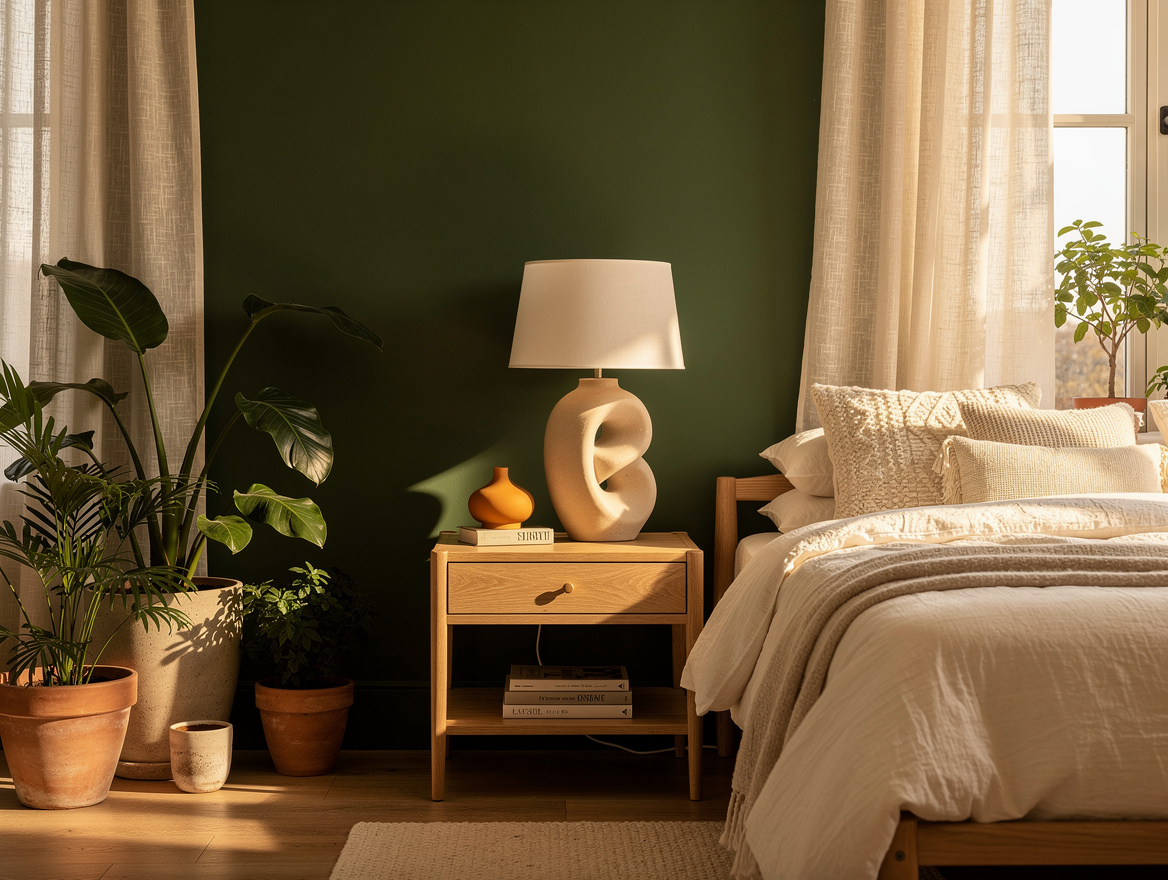 Realistic wide interior photo of a calm bedroom with warm eucalyptus green walls