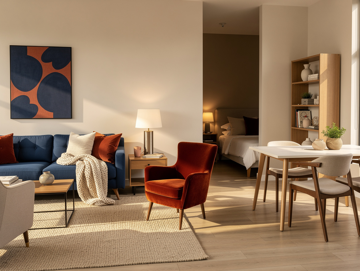 Wide mood photo of a tidy studio apartment with clearly zoned seating area, laye