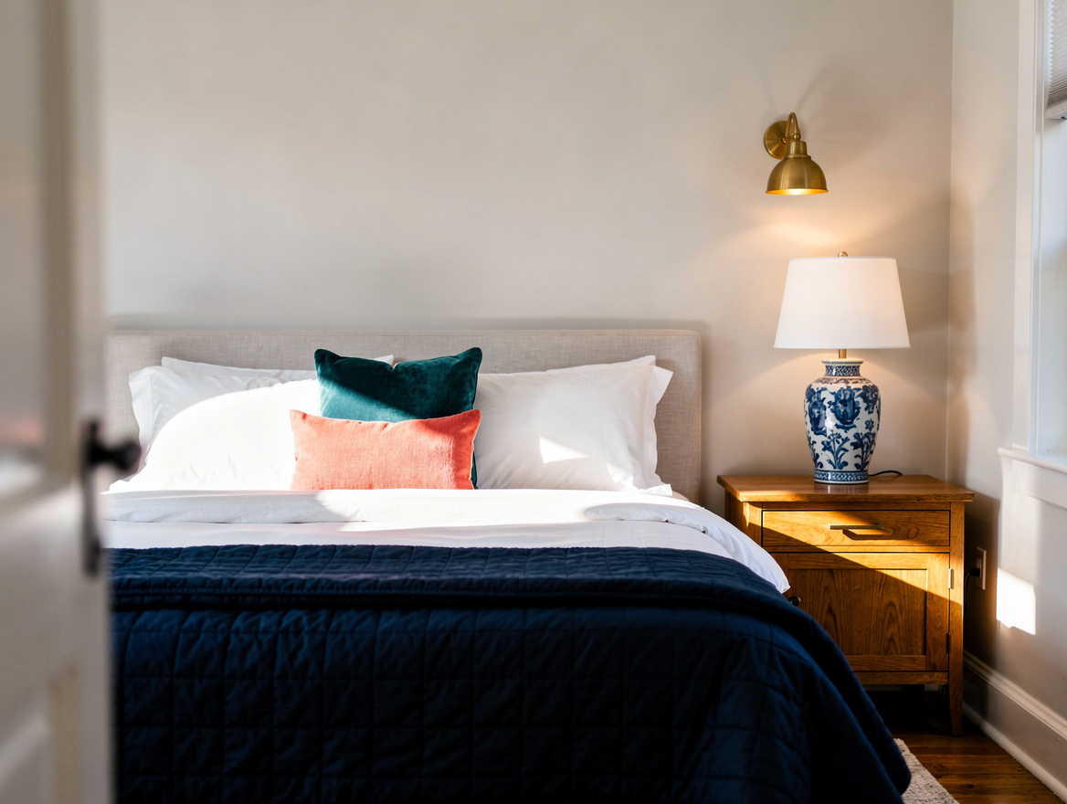 Realistic editorial wide shot of a small bedroom with white bedding, navy quilt
