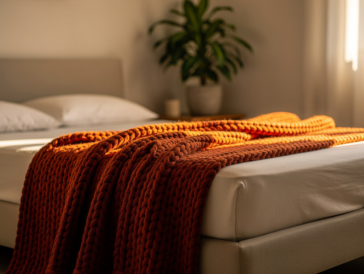 detail of a chunky knit throw draped over the foot of a bed, soft golden hour li