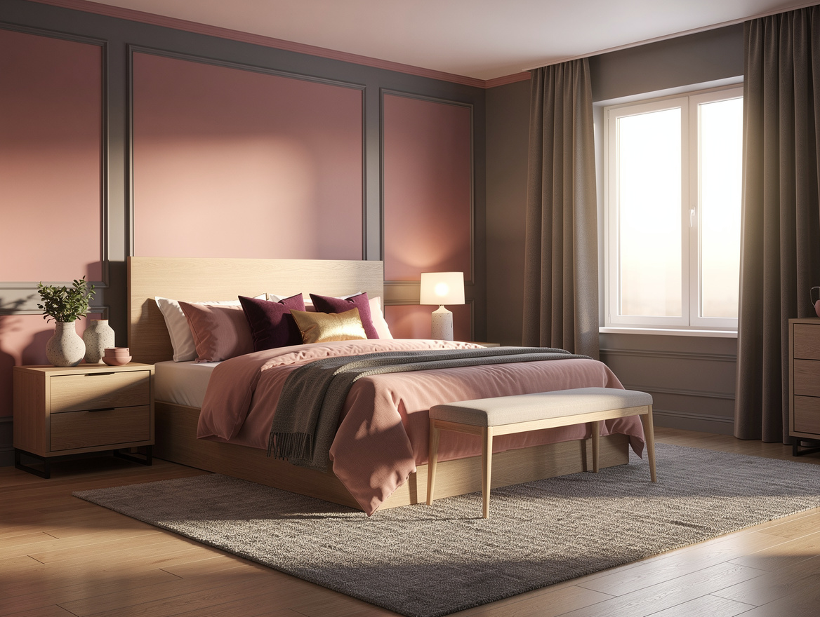 Wide ambient view of a calm American bedroom in dusty pink and warm gray, natura