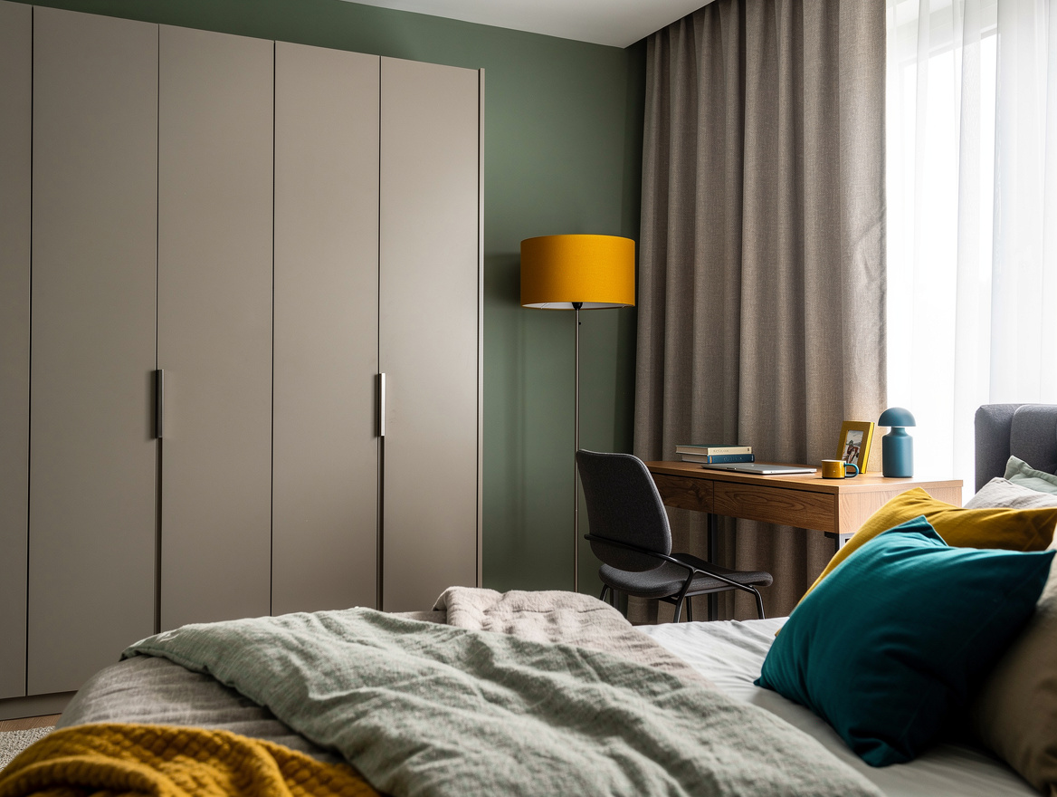 Wide ambiance shot of a cool teen bedroom with tall wardrobe storage, study zone