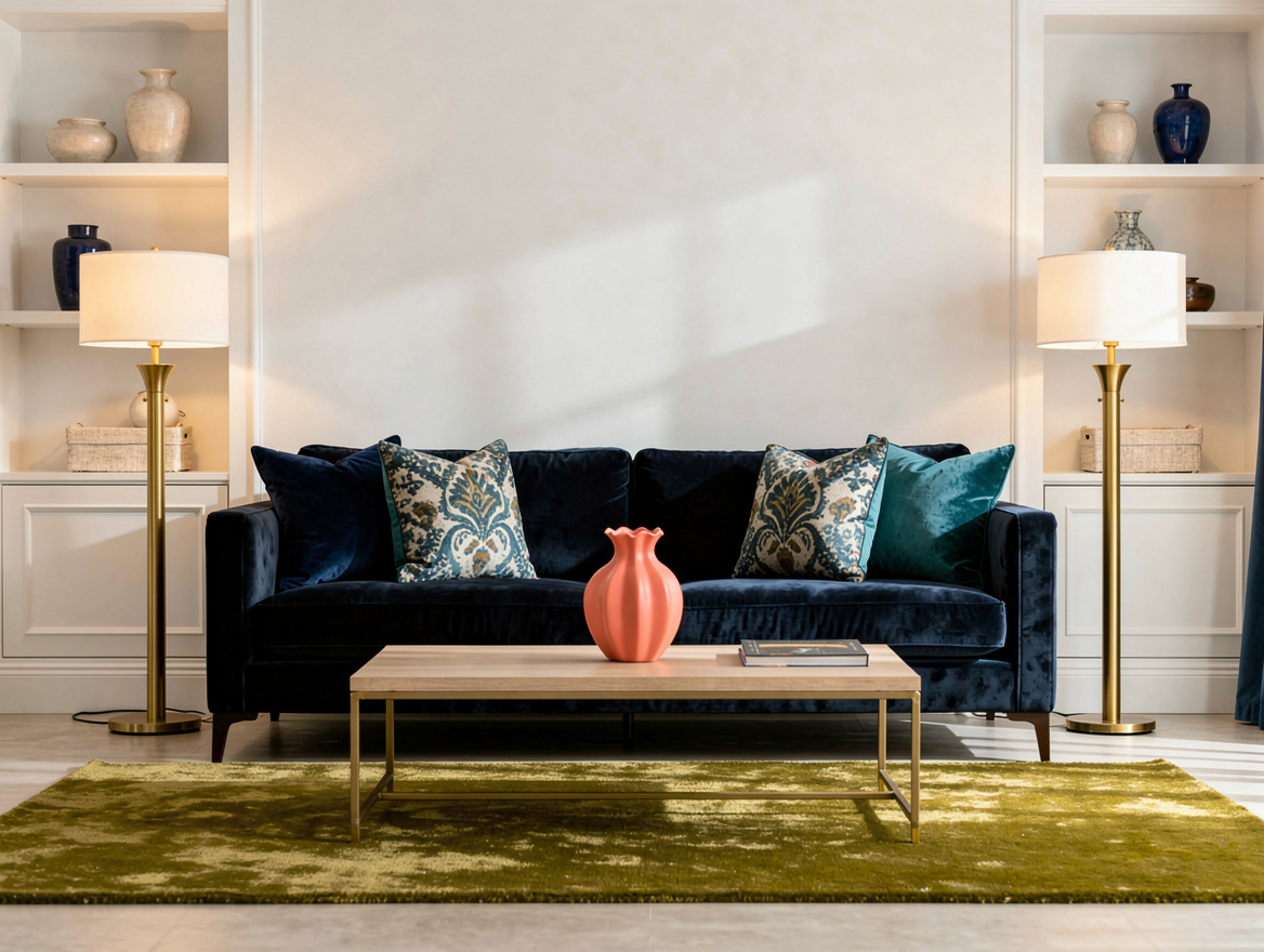 Wide ambient photo of a navy and warm white living room with olive rug, brass la