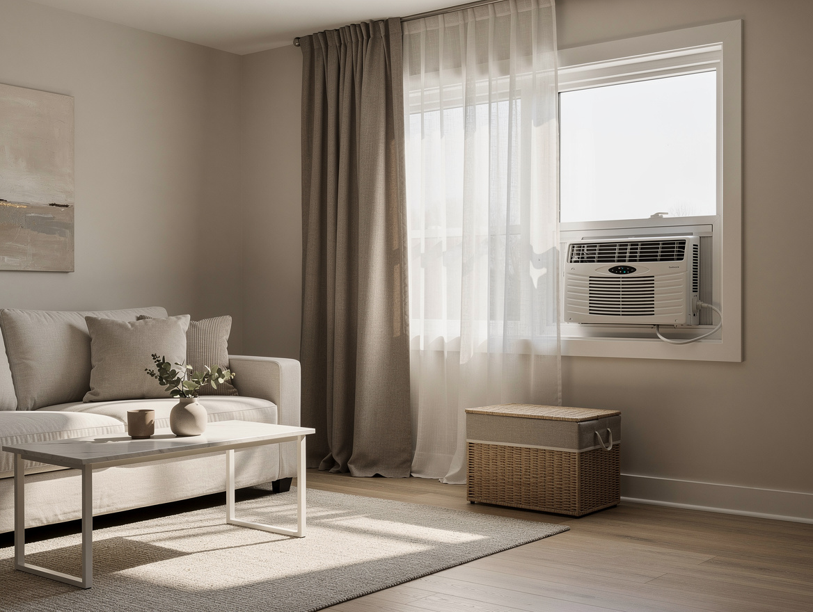 Wide ambient photo of a small living room with a removable window AC, storage bi