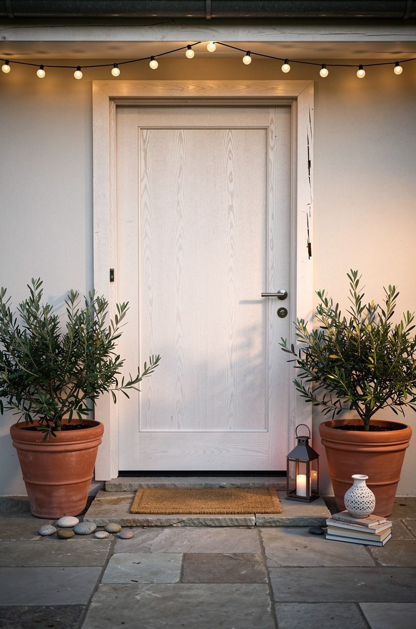 Plant matching urns beside the front door (The Two-Urn Balance Rule)