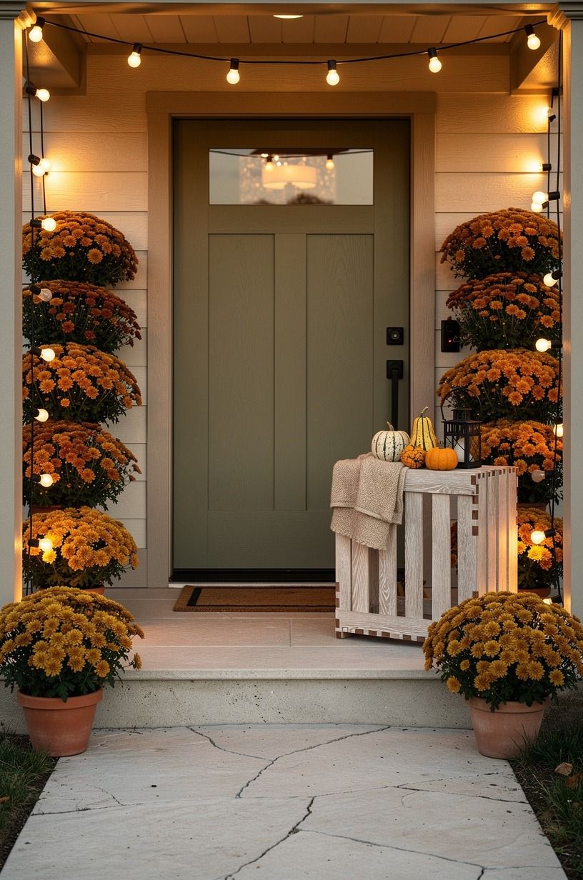 Frame the doorway with stacked amber mums