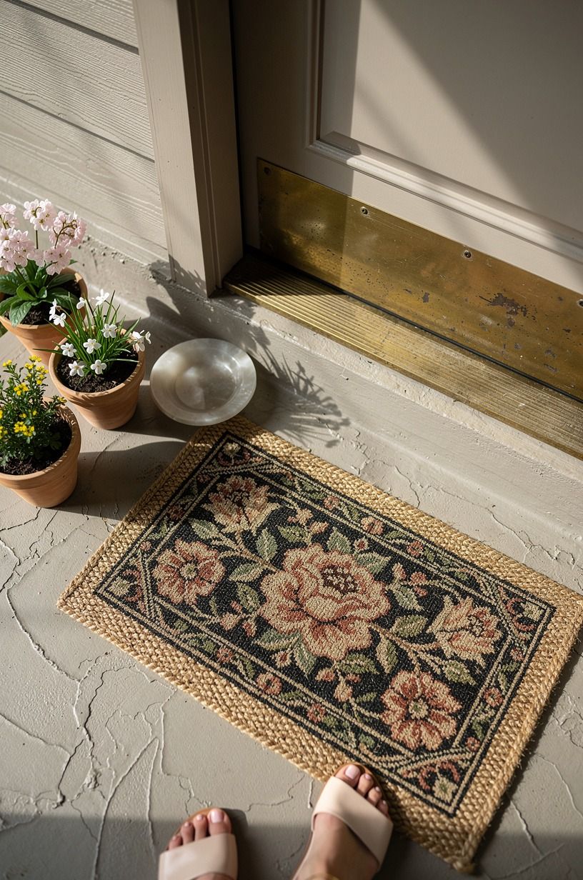 Layer a floral doormat over woven jute