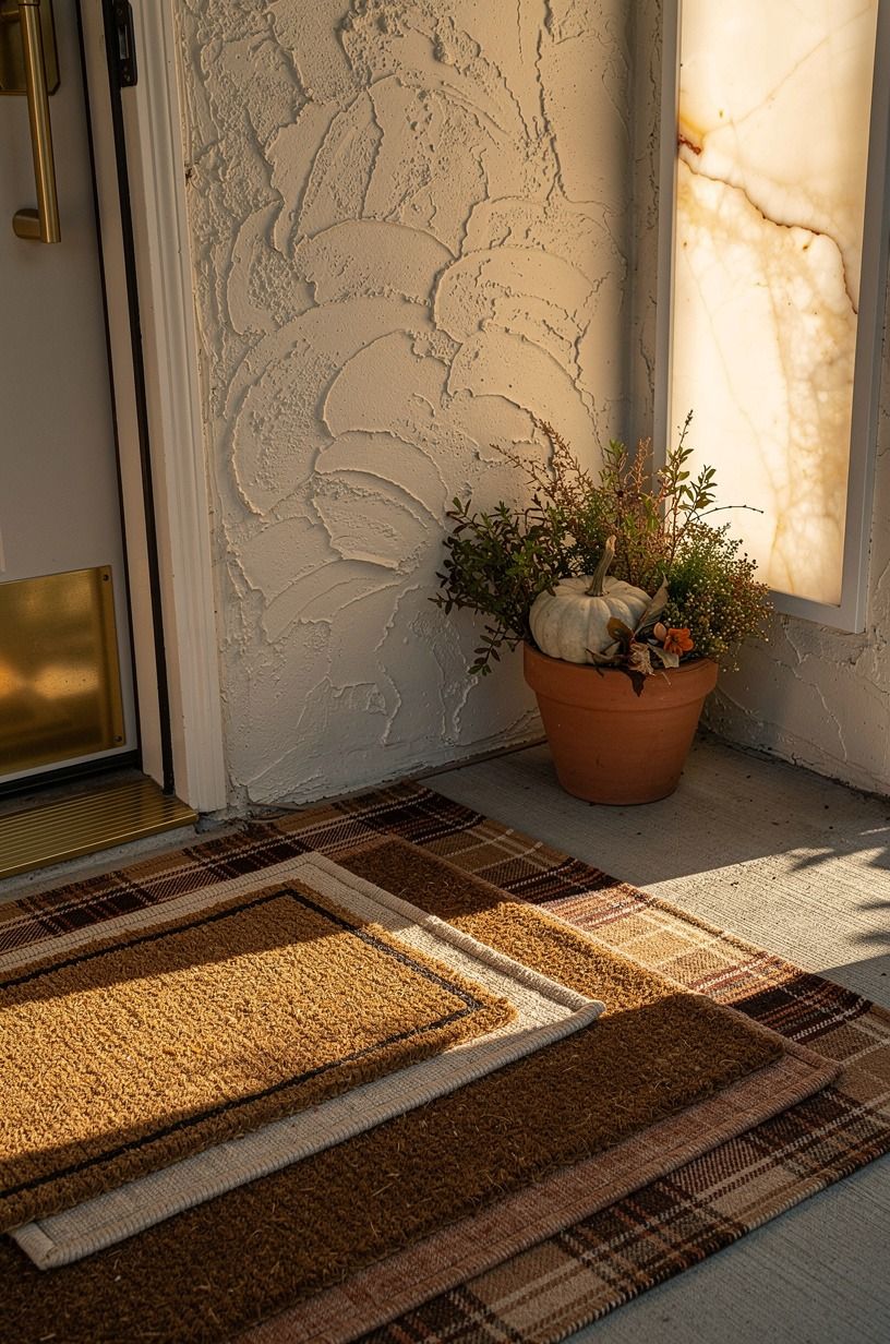 Layer plaid runners under coir welcome mats (The Two-Layer Landing Rule)