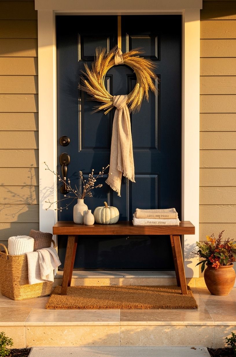 Hang a wheat wreath on the storm door