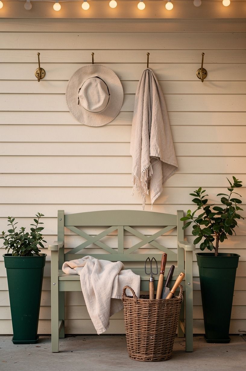 Paint the porch bench a soft sage (The Quiet Color Anchor)