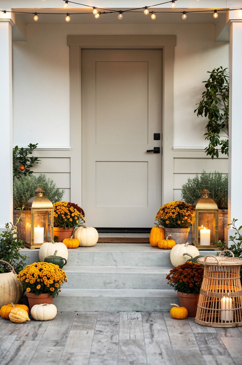Tuck lanterns between mums and gourds