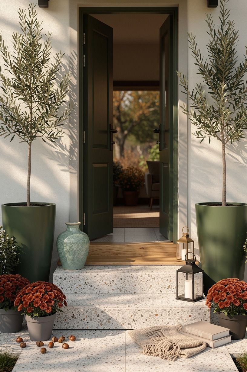 Flank narrow steps with matching olive planters