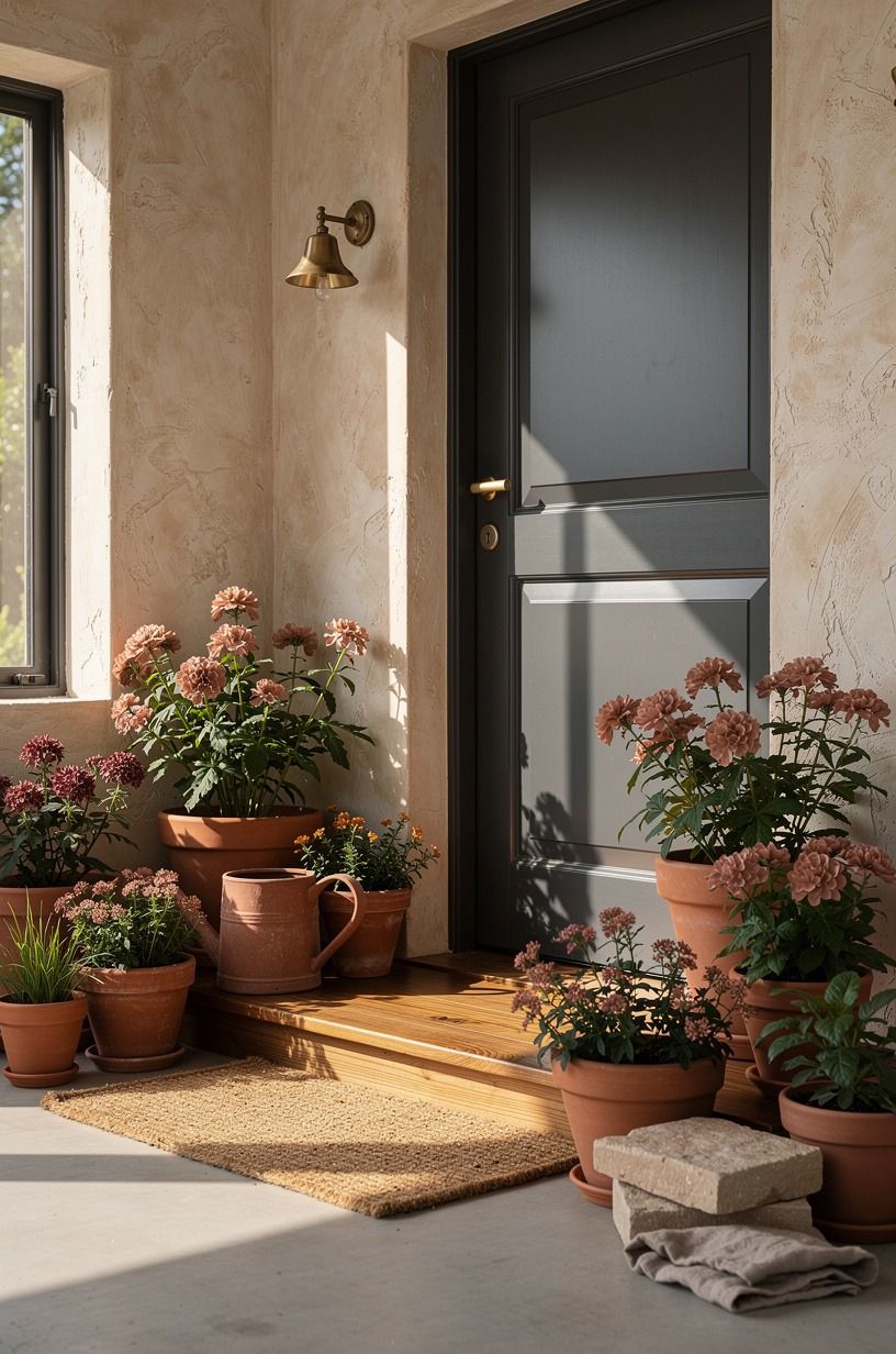 Cluster terracotta pots around the threshold