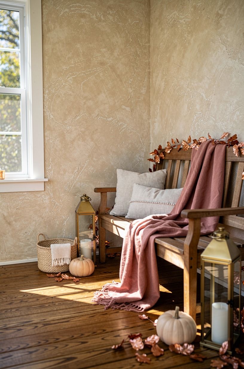 Drape copper leaf garland around porch rails (The Rail Line Effect)