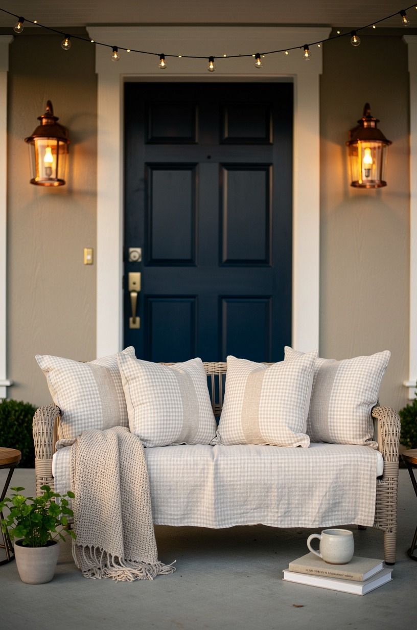 Drape gingham cushions across a small bench