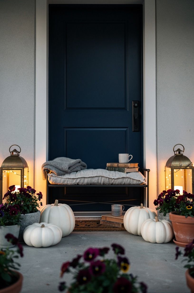 Mix white pumpkins with burgundy pansies