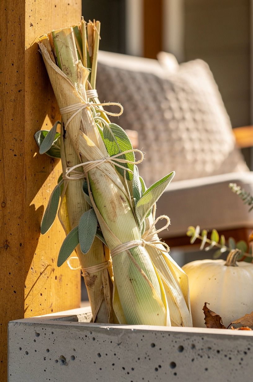 Lean cornstalk bundles against porch columns