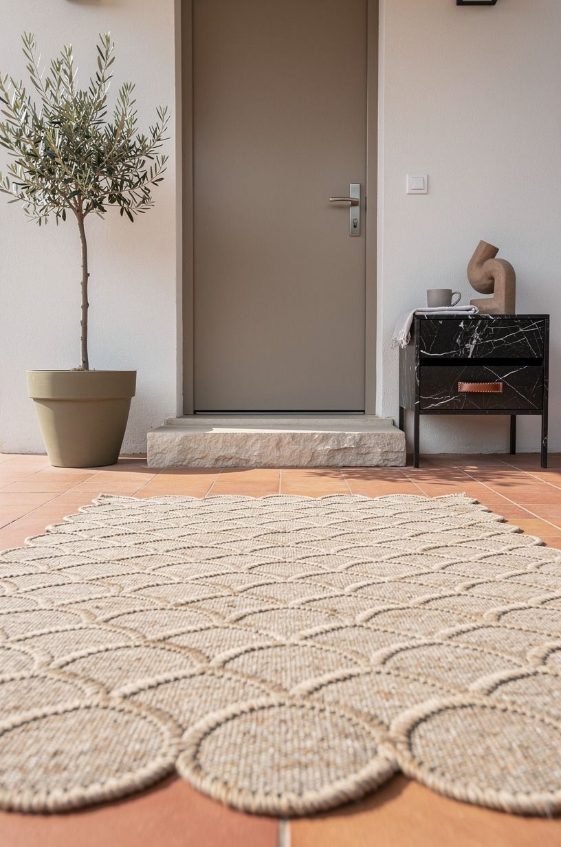 Add a scalloped outdoor rug underfoot (The Soft-Edge Grounding Move)