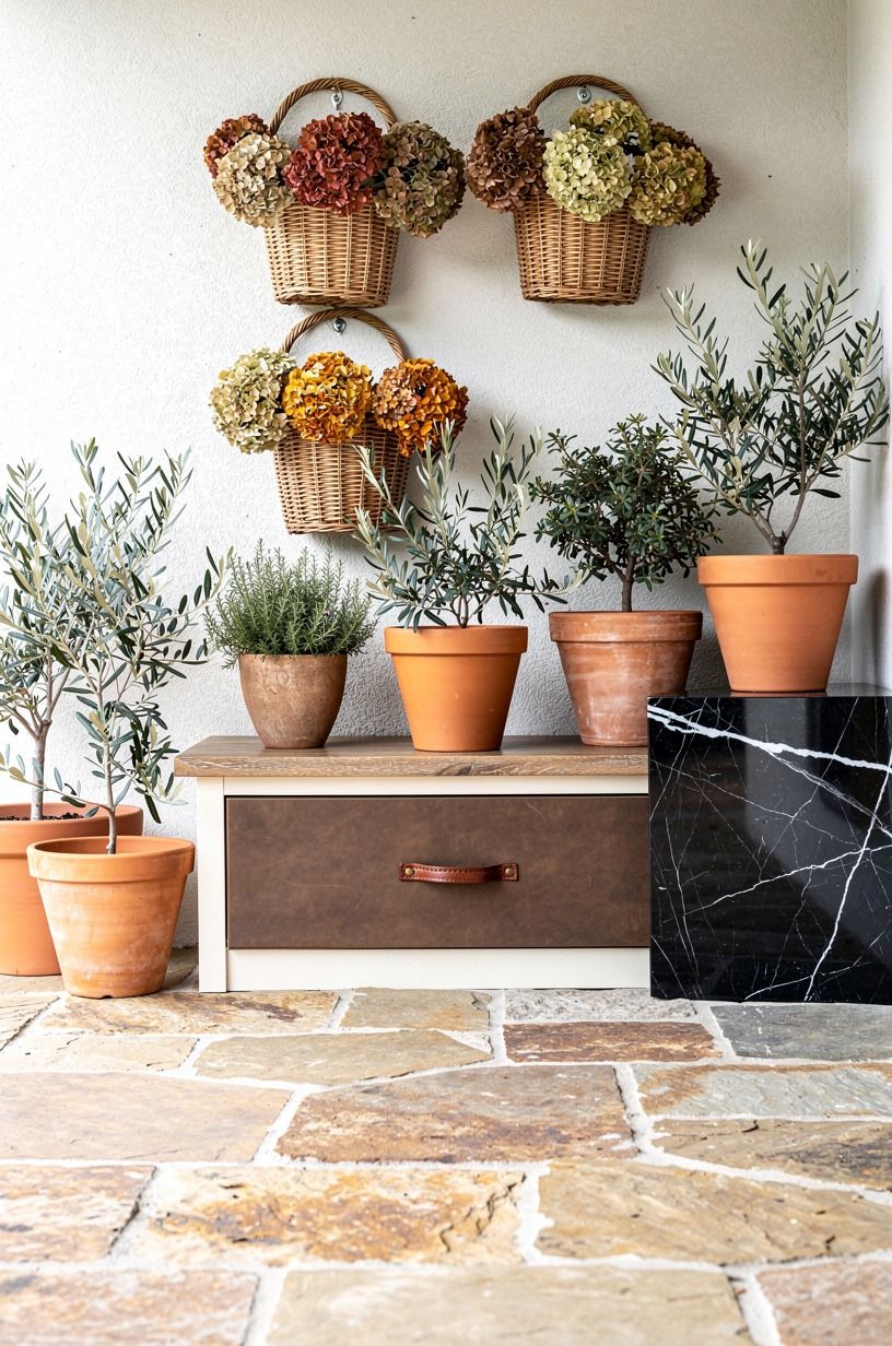Fill wall baskets with dried hydrangeas