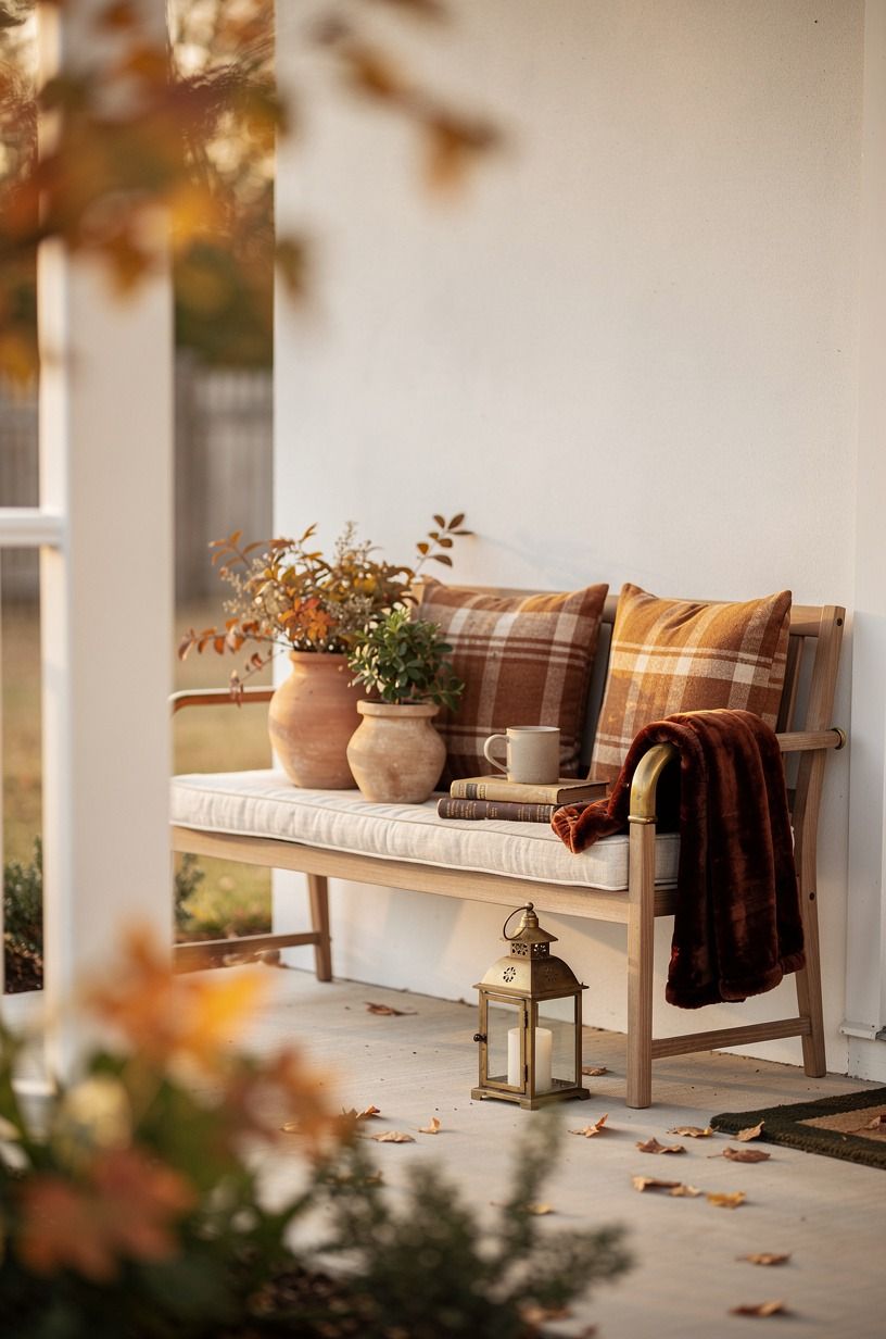 Style a bench with rust plaid pillows