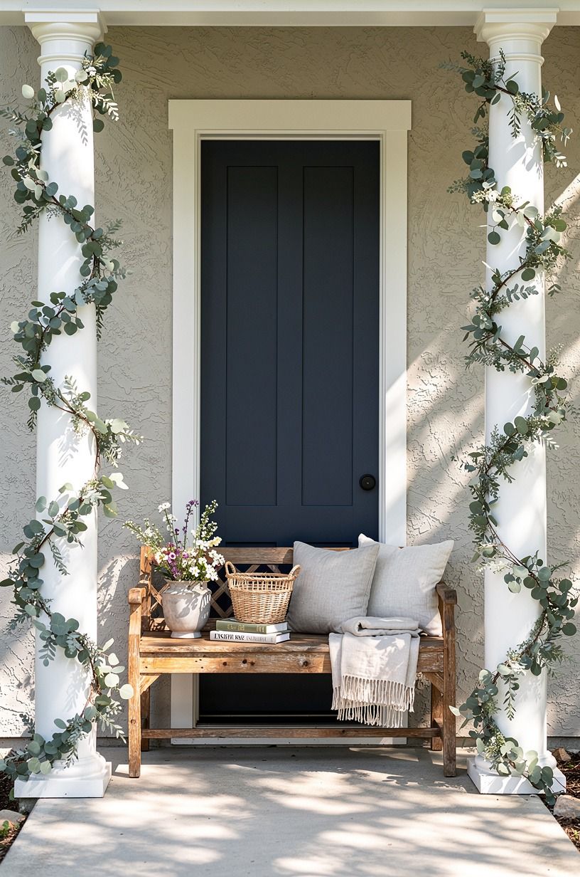 Wrap porch columns with airy eucalyptus garland