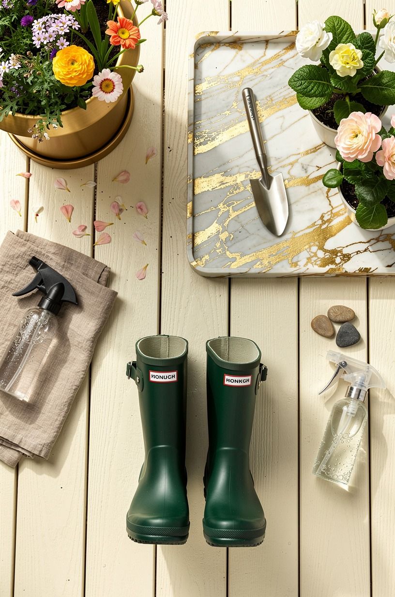 Set rain boots beside blooming planters (utility over fuss)