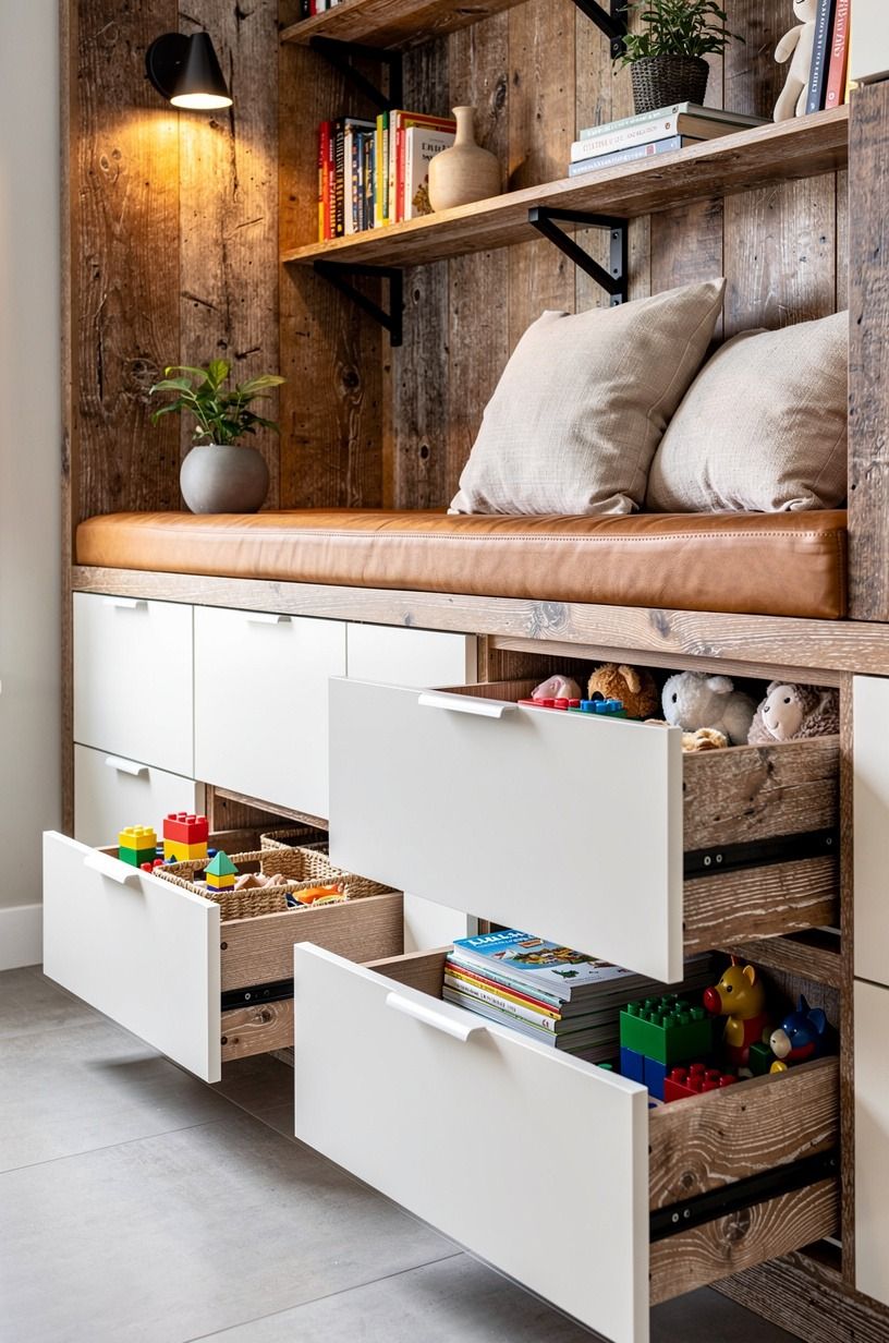 Camouflage storage benches along the wall