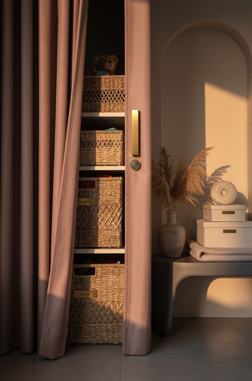 Layer Baskets Behind a Curtain Panel