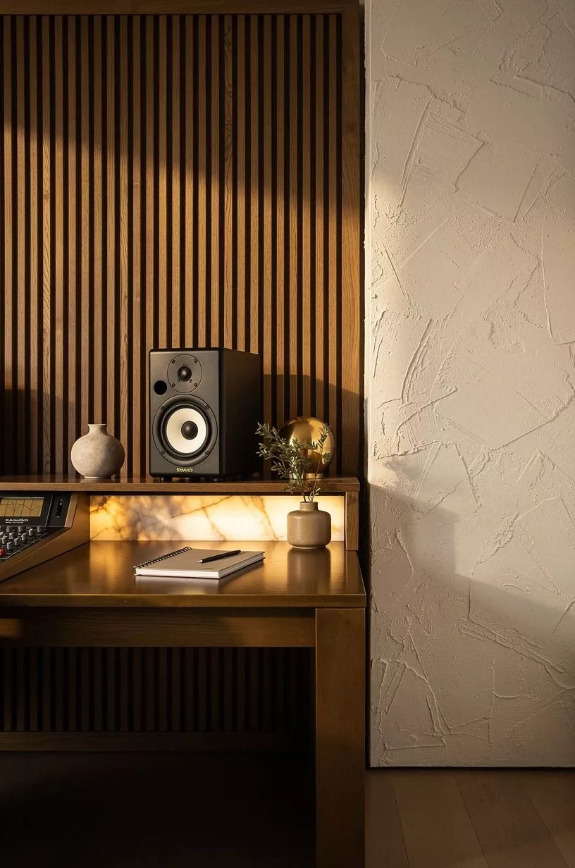 Mount slatted wood panels behind the monitors