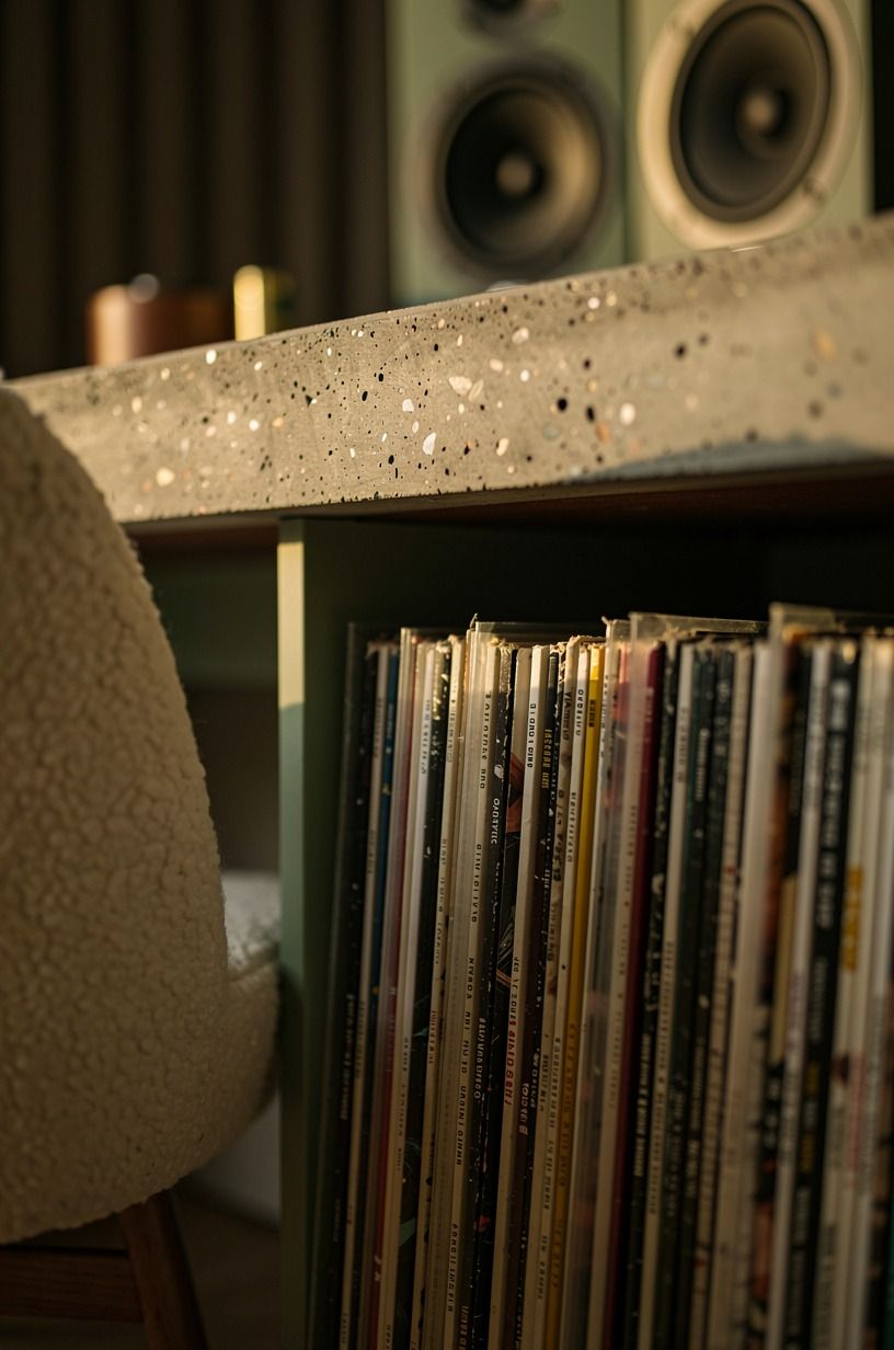 Style record storage beneath the studio desk