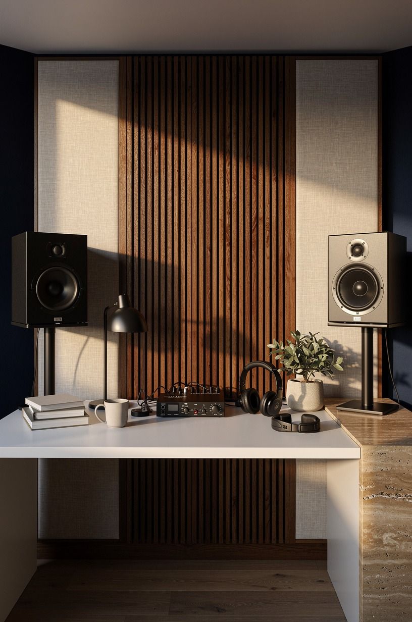 Mount slatted wood panels behind the monitors