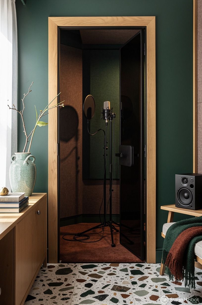 Frame the vocal booth with black glass
