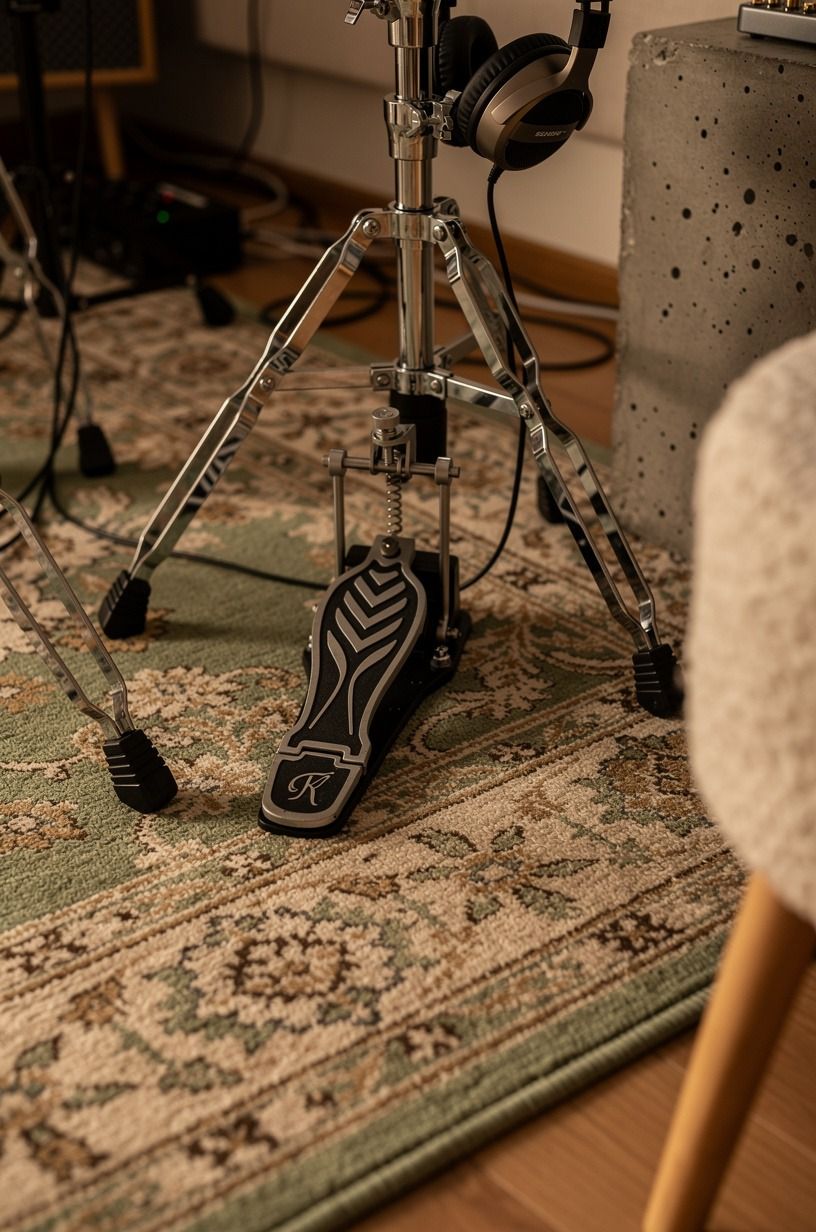 Set a Persian rug beneath the drum corner