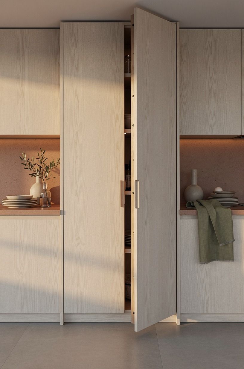 Start with cabinet doors that disappear into paneling