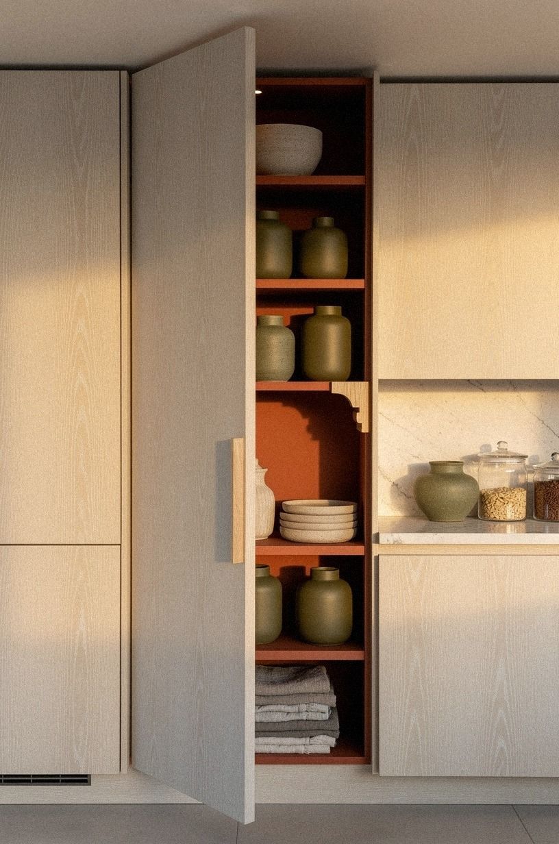 Conceal the pantry behind matching cabinet doors
