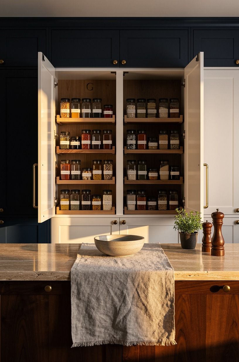 Hang shallow spice racks inside hidden pantry doors