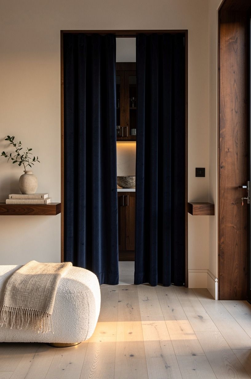The Two-Layer Veil: wrap the doorway in floor-to-ceiling curtains