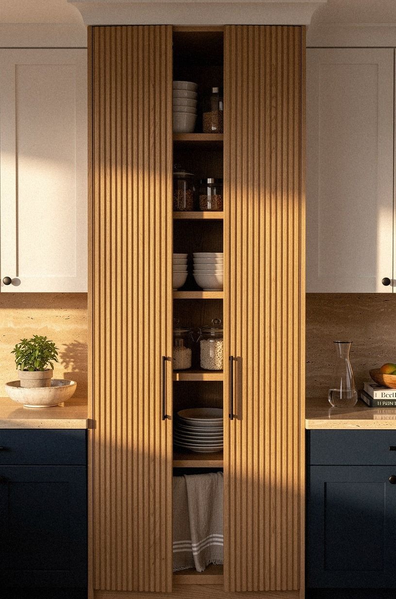 Wrap a hidden pantry in fluted wood