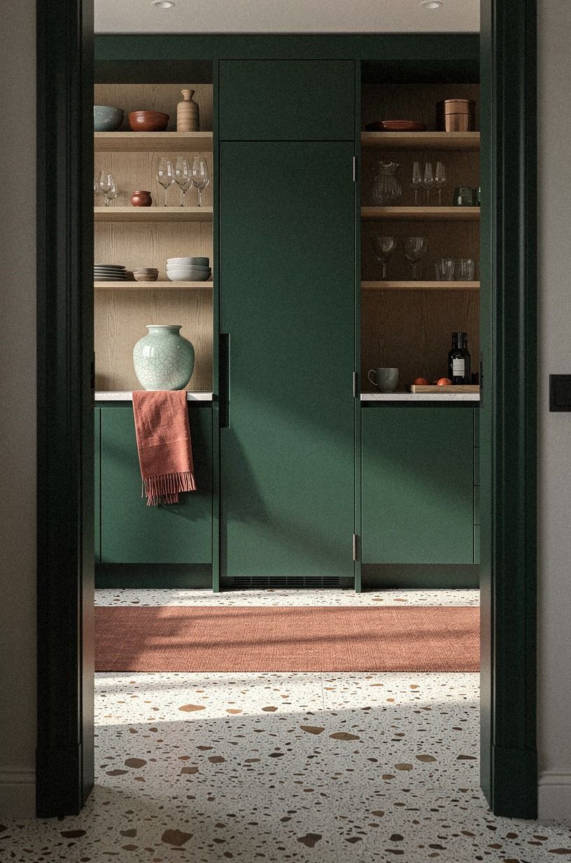 Paint the door same color as surrounding cabinets