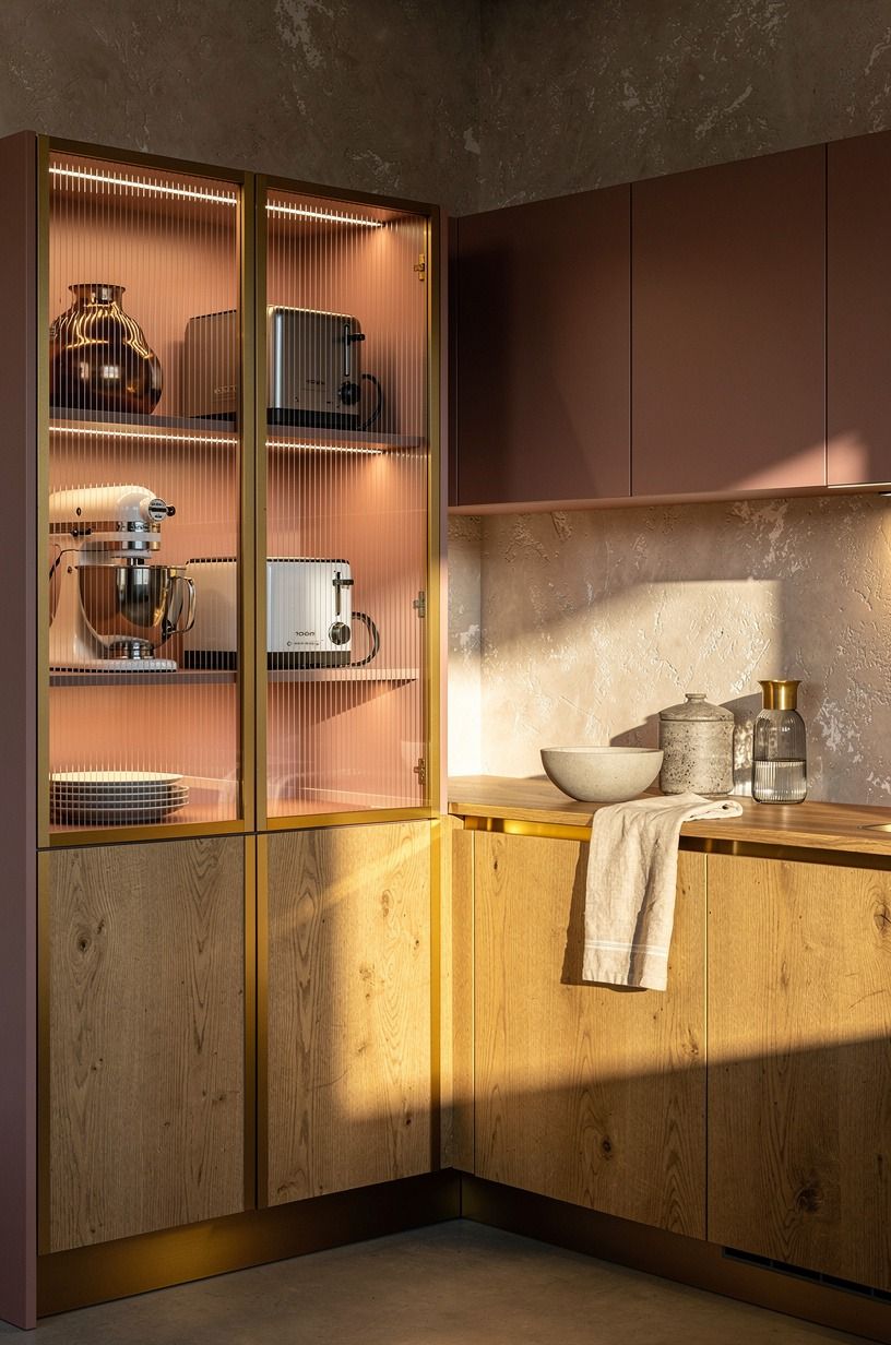 Hide appliance shelves behind ribbed glass doors