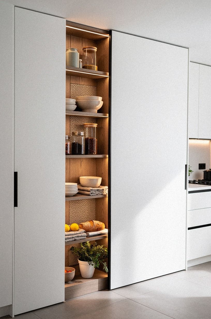 Hide the pantry behind tall pocket doors