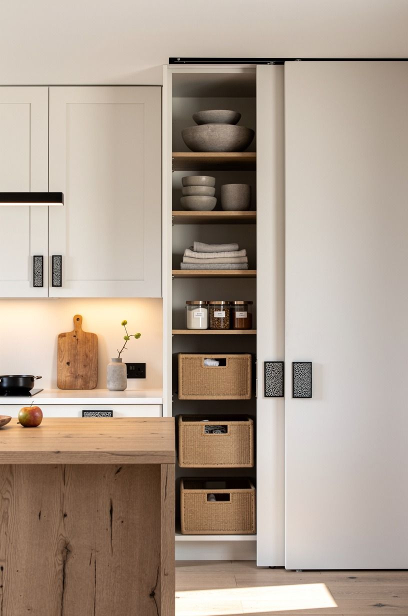Slide a pocket door behind pantry shelving