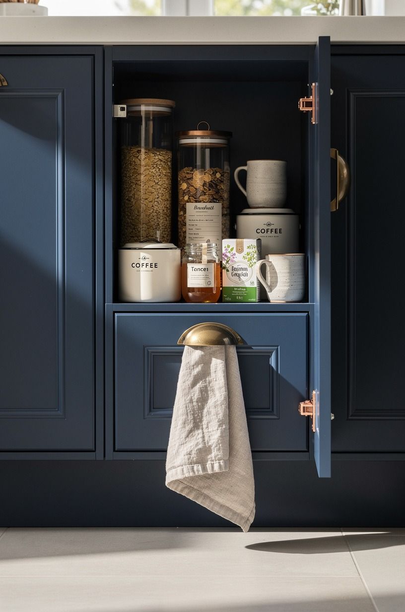 Tuck breakfast supplies behind a swing-out cabinet