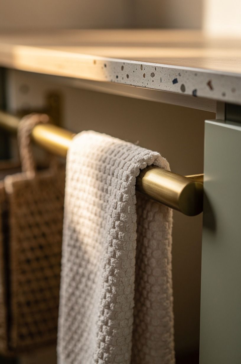 Hang brass rails for baskets and towels
