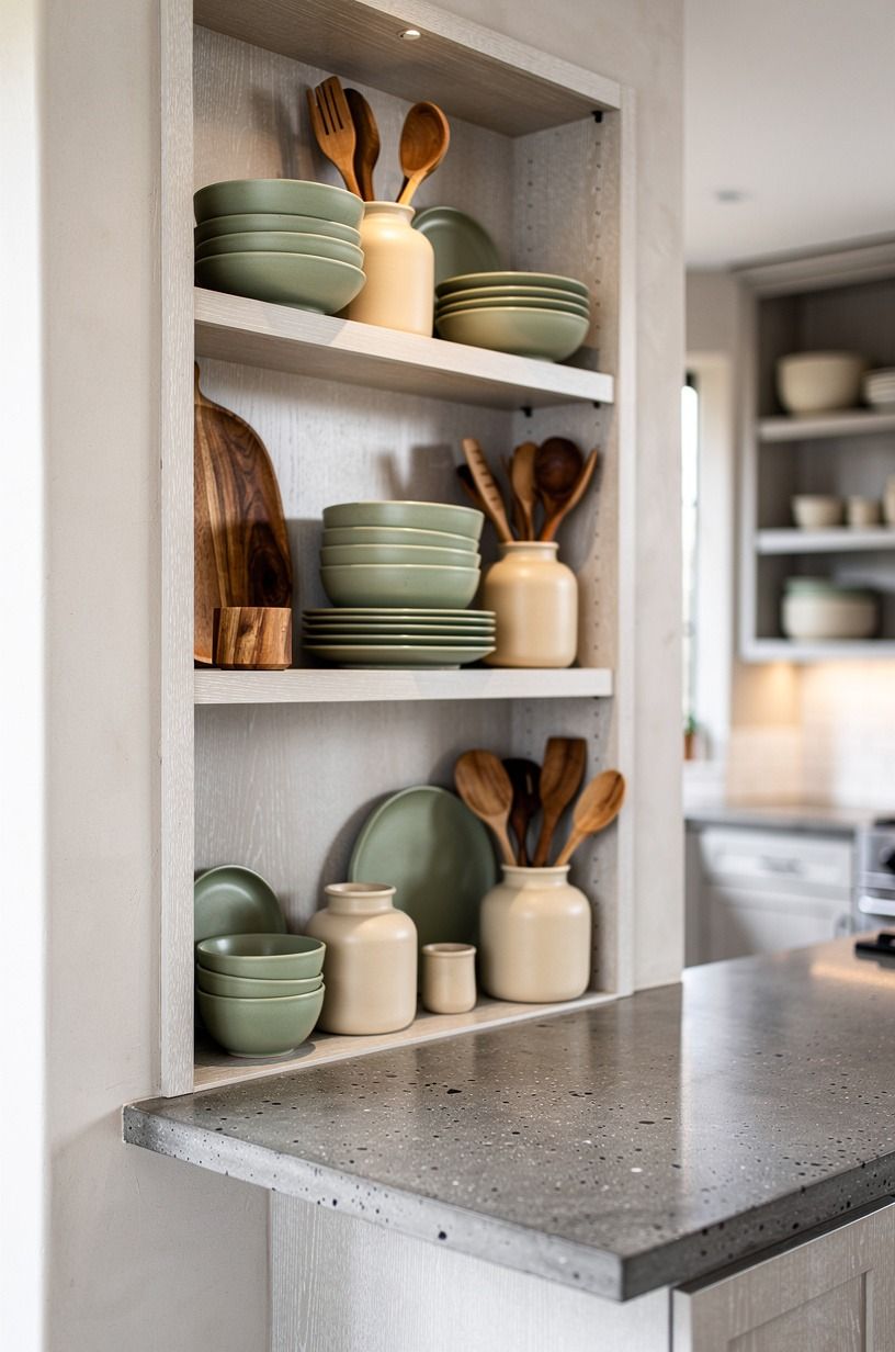 Recess open shelving into the wall between rooms