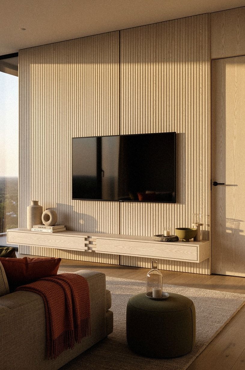 Conceal the TV wall with fluted panels