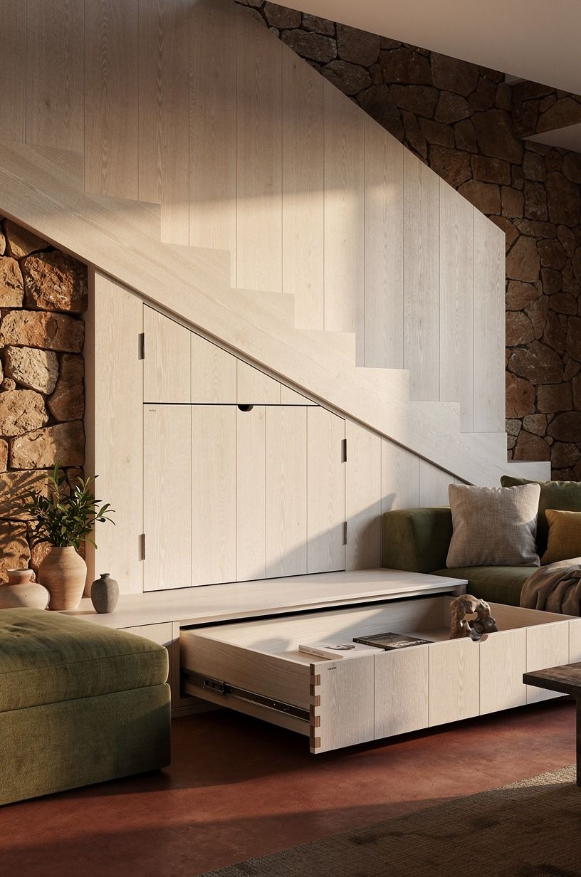 Disguise stair storage with shaker wall paneling