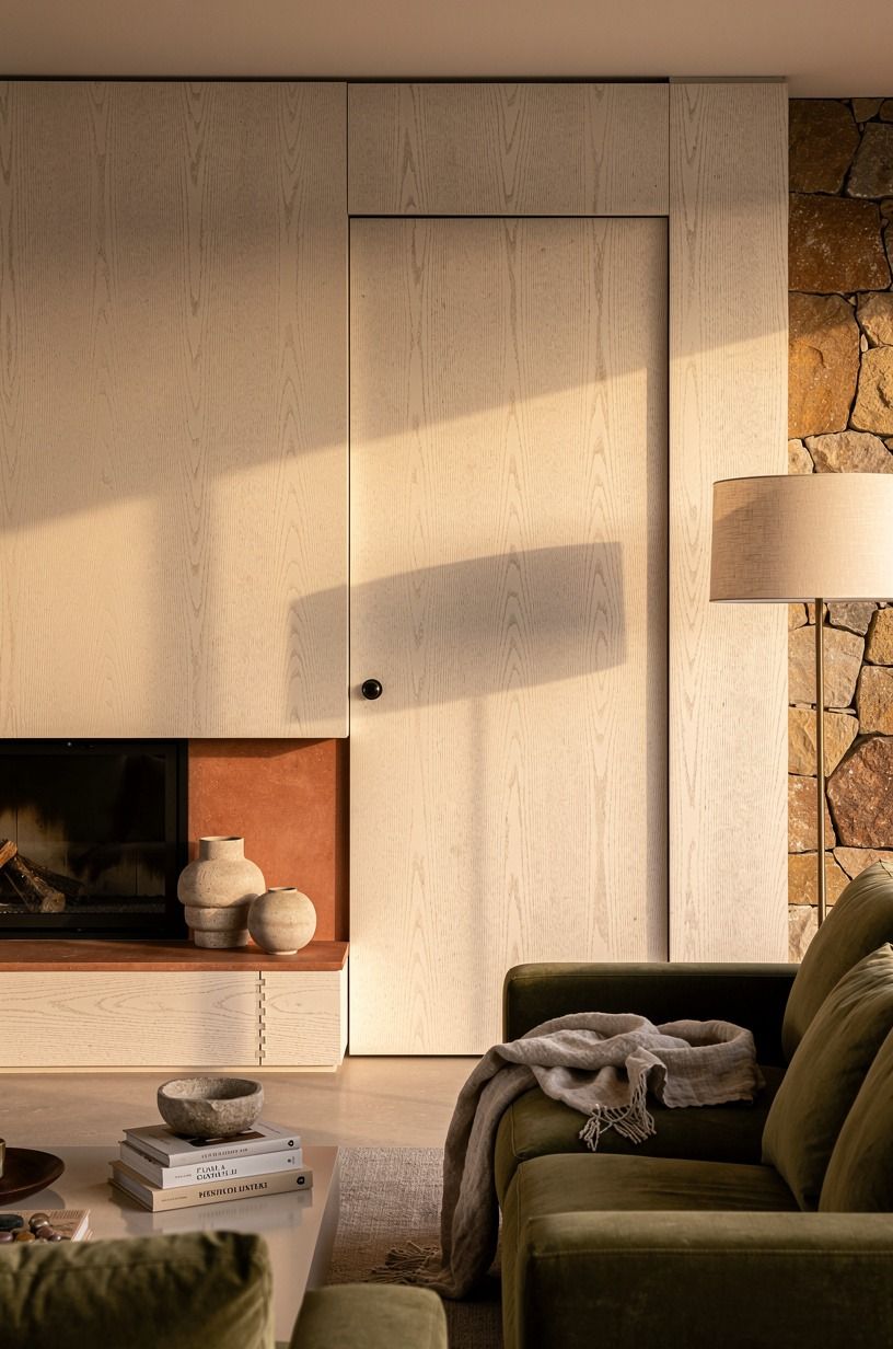 Start with a wall-panel door beside the fireplace